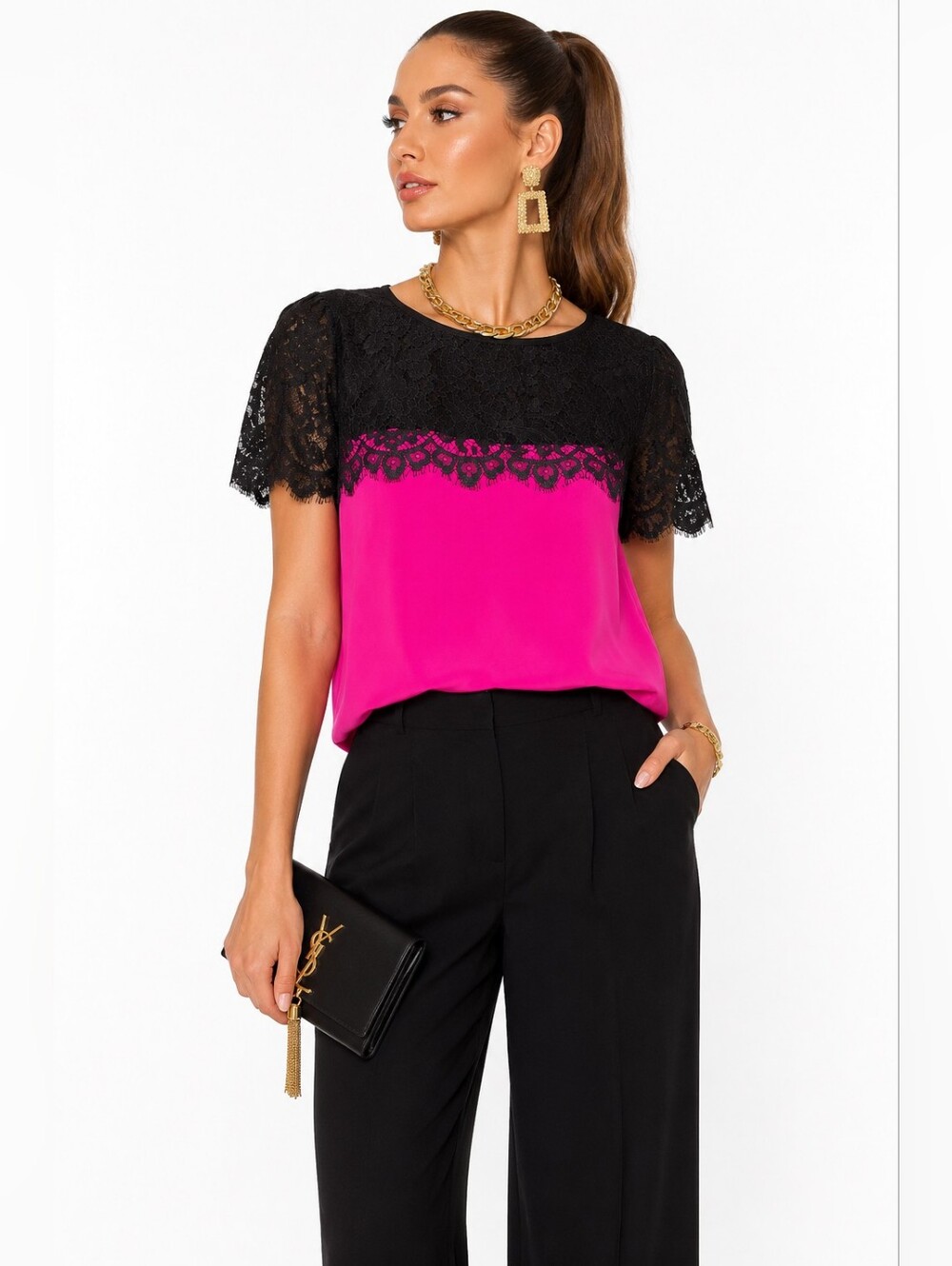 Milly New York Silk Lace Blouse Top Pink Black Size 6 Covered Button Back